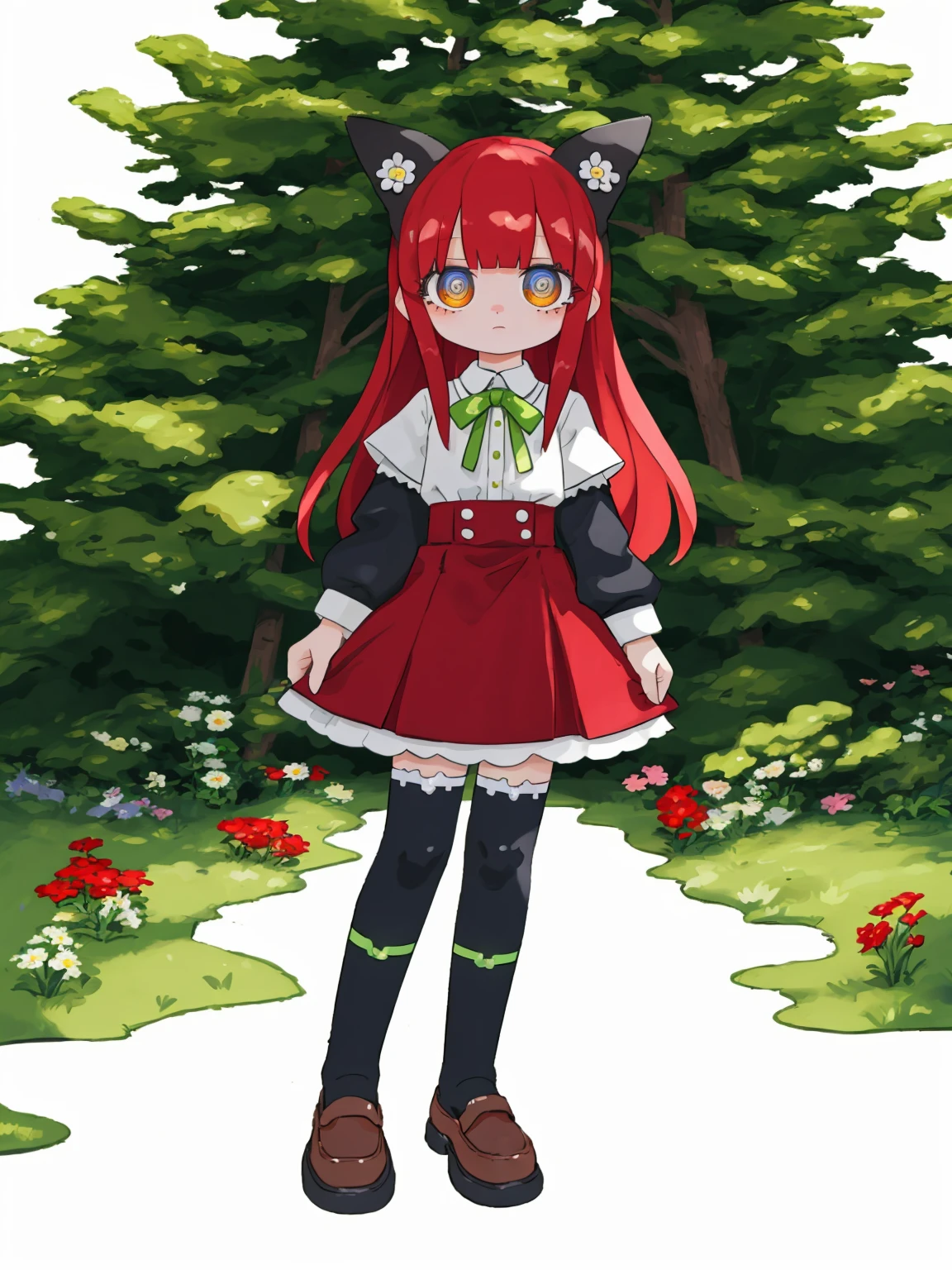 alter,[(white background:1.4)::0.4],(masterpiece:1.2),(best quality:1.2),1girl,(full body:1.2),standing,solo,beautiful and delicate face,expressionless,blue eyes,eyeliner,looking at viewer,long hair,(red hair),bangs,hair between eyes,legendary,skirt,black over-kneehighs socks,flower,outdoors,tree,, <lora:lvzi:1>