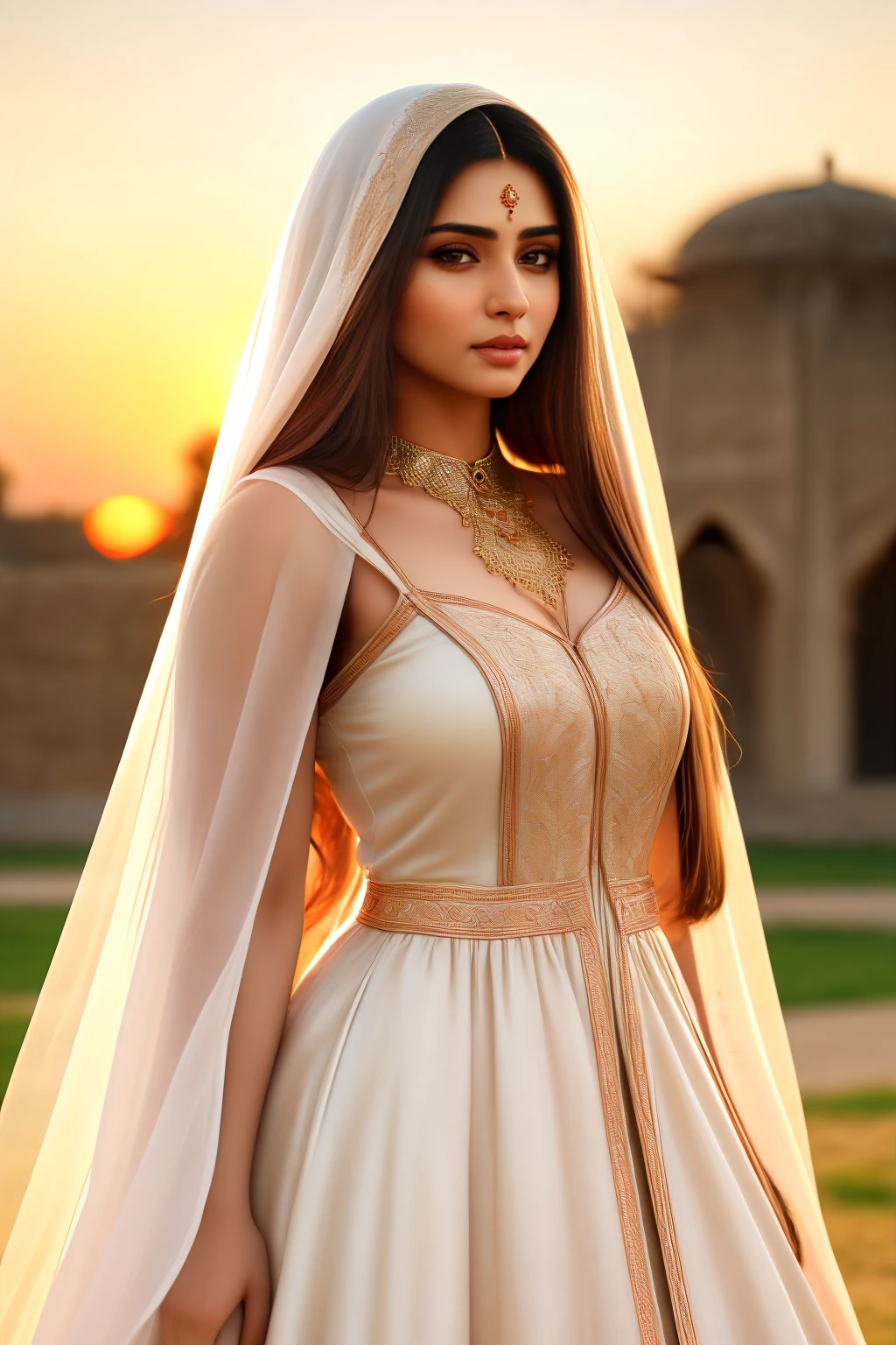 Hyperrealistic art A beautiful ((Pakistani Woman)) with very long straight hair, full lips, a gentle look, and very light white skin. She wears a medieval dress. highly detailed, 8k, and realistic image, sunset, burnt orange, blur background,
, <lora: Pakistani_Face:.8> . Extremely high-resolution details, photographic, realism pushed to extreme, fine texture, incredibly lifelike