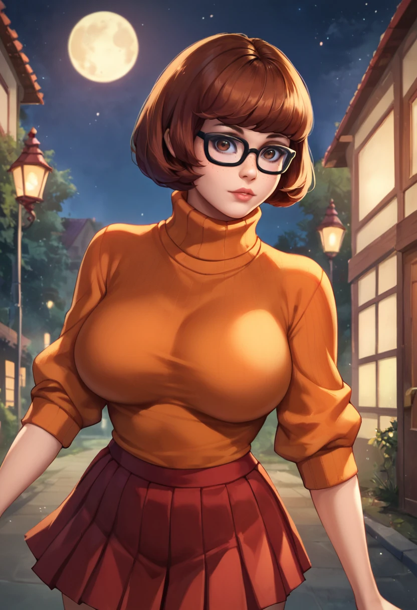 masterpiece,best quality, highly detailed, score_9, score_8_up, score_7_up, score_6_up,source anime,<lora:xl_more_art-full_v1:0.8>,
BREAK
 <lora:VelmaXL:0.8>velma, 1girl, skirt, sweater, breasts, glasses, large breasts, orange sweater, short hair, turtleneck, brown eyes, freckles, black-framed eyewear, brown hair, bangs, blunt bangs, miniskirt, red skirt, turtleneck sweater, bob cut, night, pleated skirt, solo, lips, solo focus