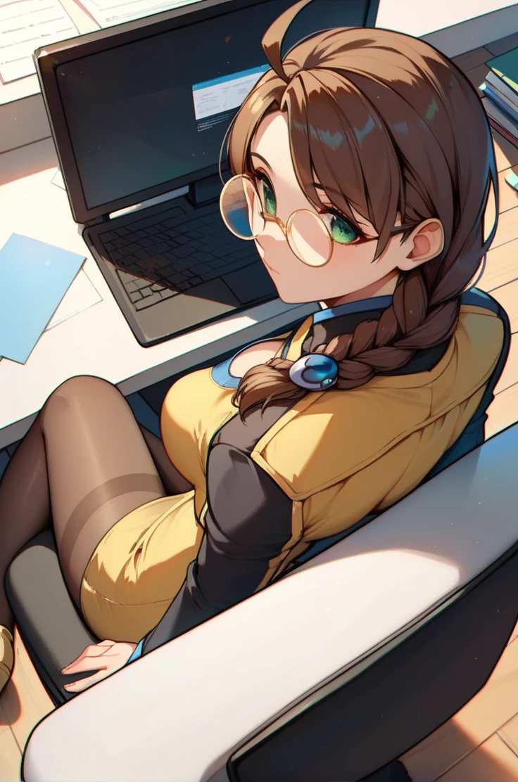 score_9, score_8_up, score_7_up, very aesthetic, source_anime, detailed, high quality, beautiful, masterpiece, detailed eyes,
<lora:lightXL:0.8>
office,
cowboy shot, close up, dynamic angle,
sitting by computer, looking back,
<lora:shion_v06:0.99>
1girl, medium breasts, shion uzuki, brown hair, single braid, ahoge, glasses, round eyewear, pantyhose, yellow footwear, cropped jacket, breast cutout, parted bangs, dress, green eyes, long hair, yellow dress,, zPDXL