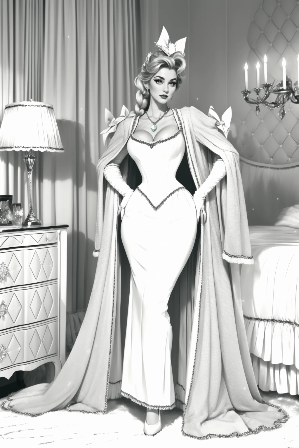 Film noir style woman, adult, beautiful, solo, high quality, best quality, highres, high detail,<lora:Outfit_soph-ChanelPrincessGown:0.75> (strict corset), elsa \(frozen\), gossamer cloak, (frost magic), (snowflakes), platinum blonde braid,  ((rococo fashion, stapless, bows, ribbons, gem, jewels, iridescent finish)) dr3ss, ((black:1.3 Quilted:1.1)), trim stitching,  Timeless Art Deco Master Bedroom, Geometric patterns, glossy surfaces, and a glamorous chandelier, epitomizing the opulence of the Art Deco era. necklace, jewelry  eyeliner, eyeshadow, makeup, (rouge) full body, tall headpiece, large breasts, cleavage . Monochrome, high contrast, dramatic shadows, 1940s style, mysterious, cinematic