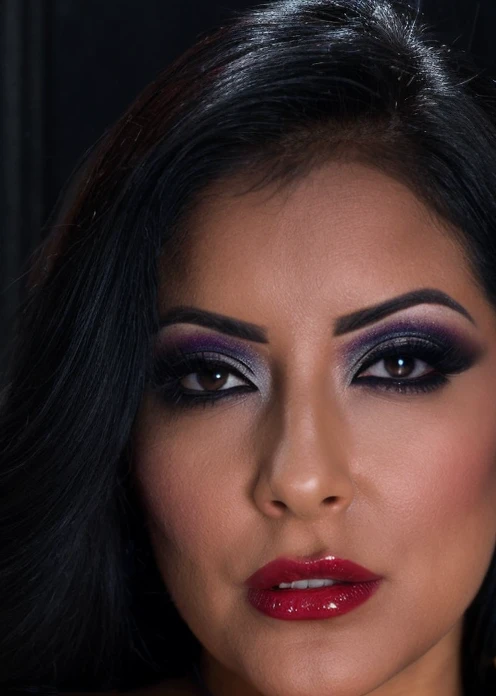 half body of A captivating masterpiece of an woman, dressed in a turtleneck dress, The intricate lace and gold details exude a very rebellious aura. ((A bold and daring makeup look featuring ombre lips that transition from a deep, dark red at the center to a glossy black at the outer edges. The lips are expertly lined and filled in with precision, creating a gradient effect that is both edgy and sophisticated)). ((The use of high-shine gloss adds a touch of glamour and dimension to the look)), ((while the deep red and black hues give it a dramatic, vampy vibe)), The background is a dark old manor room with fireplace only giving light to room, architecture creating a seductive and exigent atmosphere., low-key photography:1.3, one rim side light, narrow lighting,, only one light source, facing camera, shallow depth of field, <lora:MS_KiaraMira_V1_32:0.8>