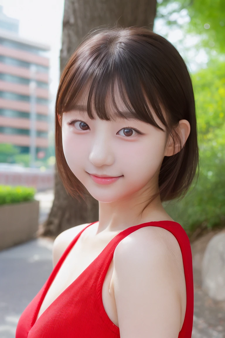 a picture of eunji15 woman, brunette hair,detailed skin, surface scattering, bokeh, skin pores,  city streets,wearing a red dress,outdoors, looking at viewer ,subtle smile,  <lora:eunji15 (5):1>