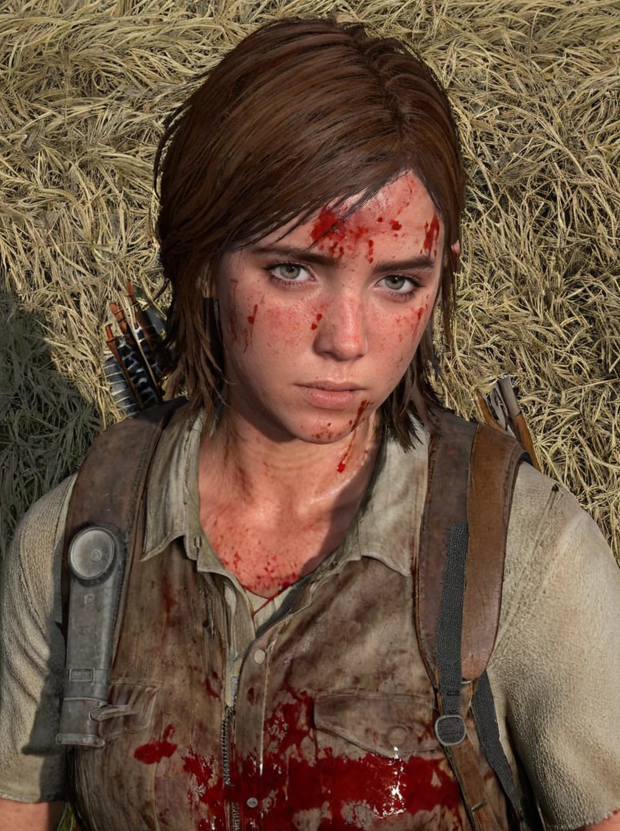 ellie williams,  <lora:ellie:0.7>,, brown  hair,vest blood