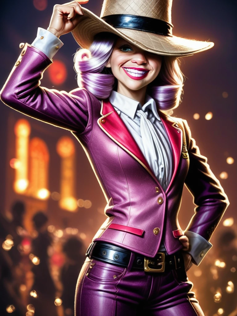 photo 1 proud gunslinger red-headed woman, smiling, looking at viewer, brown leather jacket rugged  victorian fashion clothing and cowboy hat, leather cartridge belt, standing, belt buckle, (crimson velvet jacquard vest:1.2),  curly,  sideview, bar tea shop, western movie parody,  bpe-pro