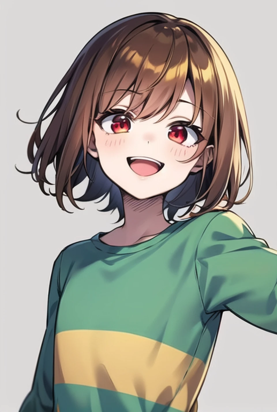 <lora:Chara anything45pruned22r60r-000006:0.7>, chara, 1girl, red eyes, shirt, striped, solo, brown hair, simple background, open mouth, looking at viewer, smile, upper body, grey background, striped shirt, short hair, long sleeves