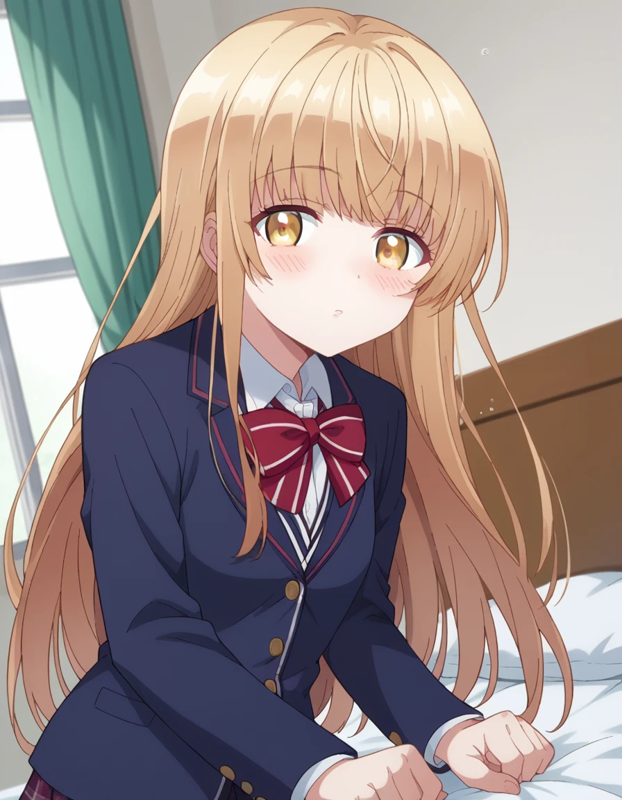 score_9, score_8_up, score_7_up, source_anime,
mahirushiina, <lora:mahiru-shiina-s1-ponyxl-lora-nochekaiser:1>
mahiru shiina, bangs, blonde hair, brown hair, yellow eyes,
long hair, skirt, bow, school uniform, jacket, pleated skirt, plaid, plaid skirt, blazer, cardigan, blue blazer, red bowtie,
indoors, bed, bed room, on side, blush, drunk,
looking at viewer, dutch angle, cowboy shot
