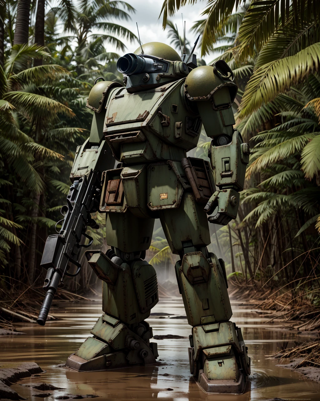 <lora:neg4all_bdsqlsz_V3.5:-1> 
 <lora:VOTOMS:0.751> votoms, robot, mecha, science fiction, realistic, no humans, weapon, machinery Tropical Jungle trees,mud,machine gun, buzzuka shiled,close-up, led scope eyes,open duck
<lora:Modelaging_last:1>, military uniform, ,Ushankas, telnyashka, trousers, bashlik, AK-47 at  training ground