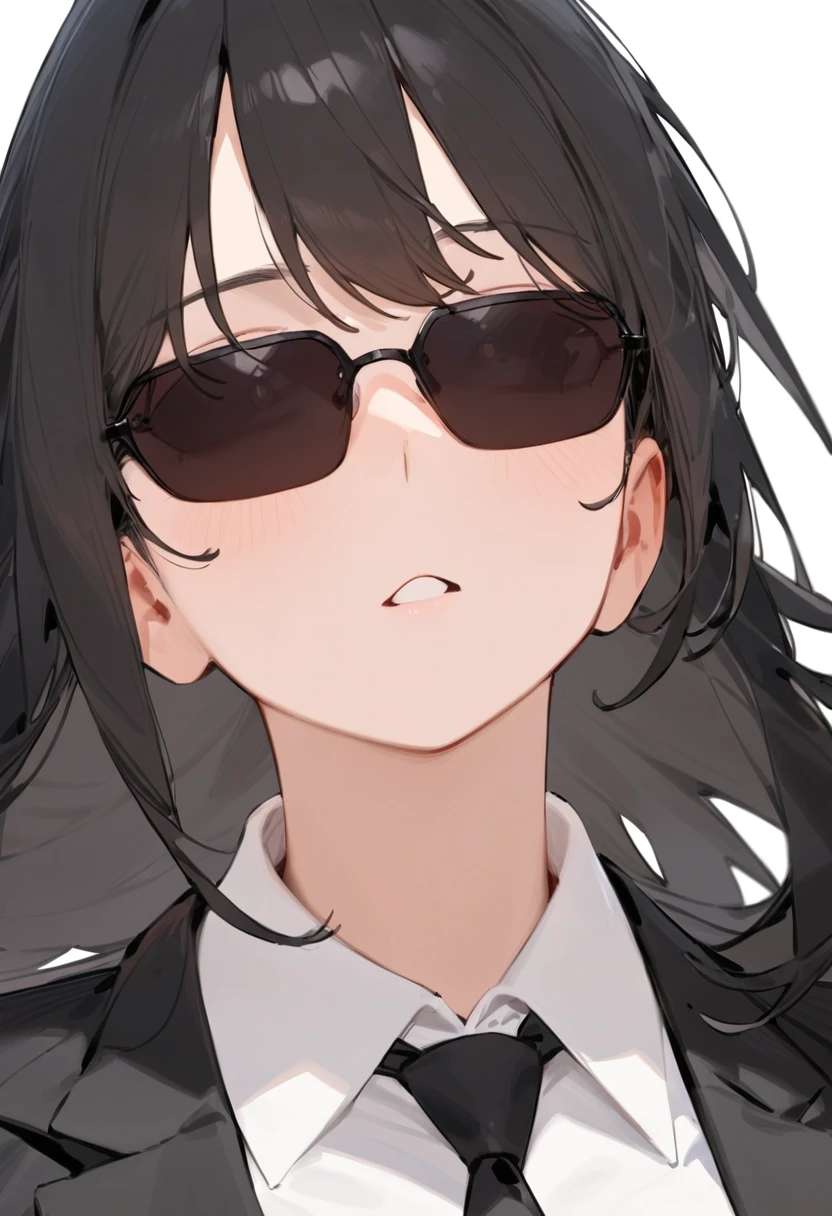 masterpiece, best quality, very aesthetic, absurdres, 
1girl, solo, black hair, long hair,
agtsg, sunglasses, dark black-tinted eyewear, 
 formal, black suit, black necktie, collared shirt, covered eyes, simple background, white background, looking at another, upper body, face focus, standing, 
 <lora:sunglasses_agent_smith_SDXL_V1:1>