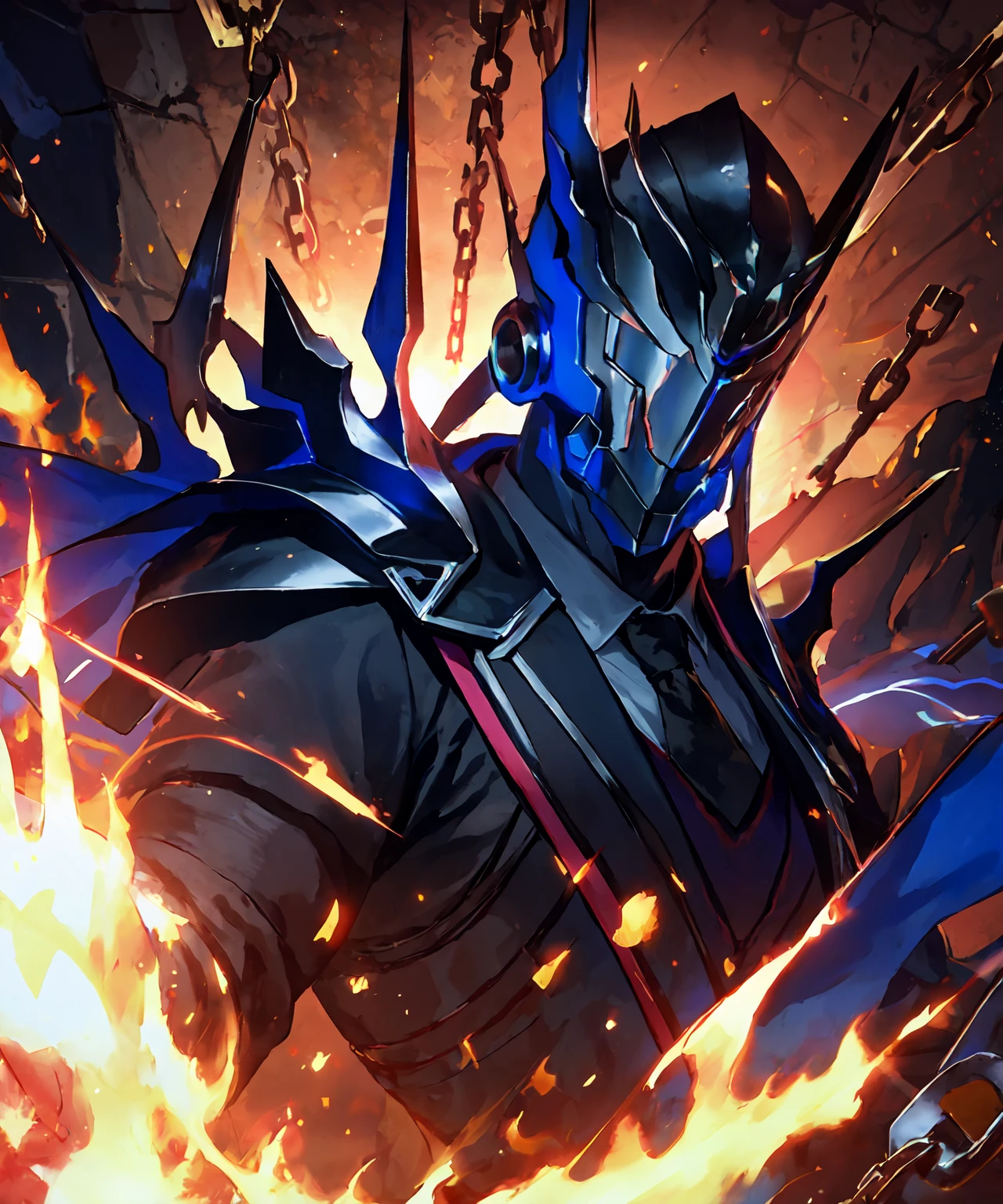masterpiece,best quality,highres,cinematic lighting,dramatic angle,1boy,<lora:ShadowverseKyrzaelV5:0.8> ,helmet,circlet,black armor,white shirt,necktie,black suit,cape,looking at viewer,grasp,hand up,portrait,chain,depth of field,holding weapon
