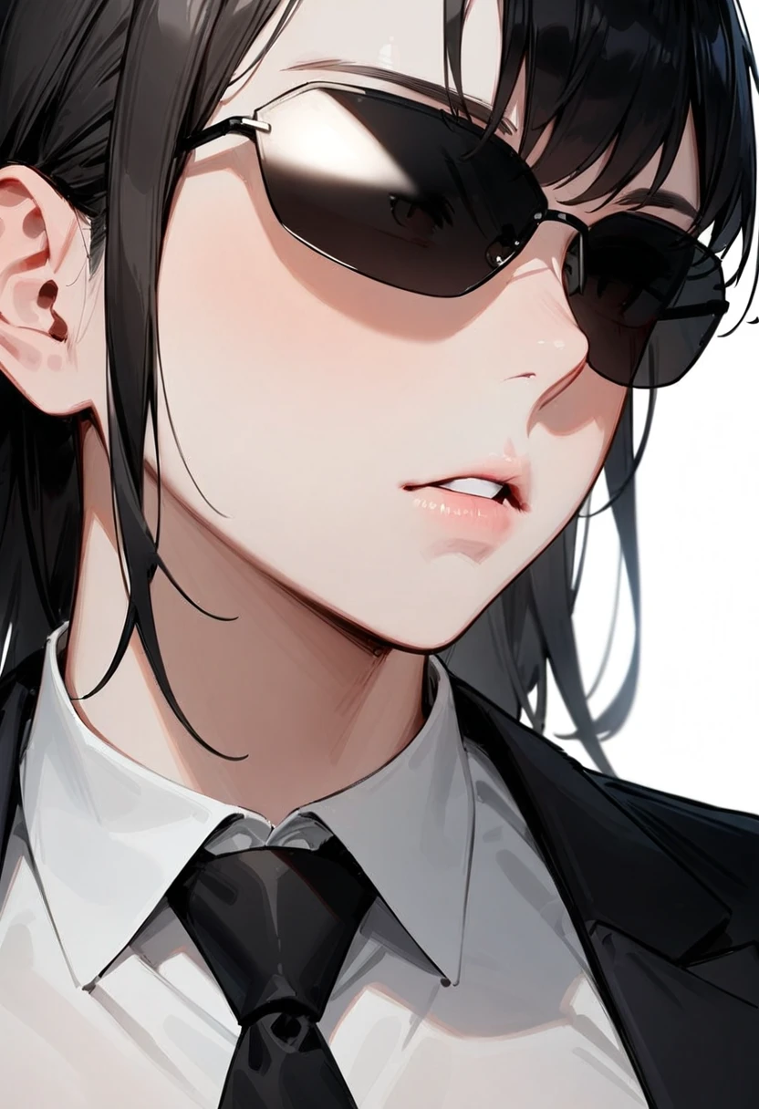 masterpiece, best quality, very aesthetic, absurdres, 
1girl, solo, black hair, long hair,
agtsg, sunglasses, dark black-tinted eyewear, 
 formal, black suit, black necktie, collared shirt, covered eyes, simple background, white background, looking at another, upper body, face focus, standing, 
 <lora:sunglasses_agent_smith_SDXL_V1:1>