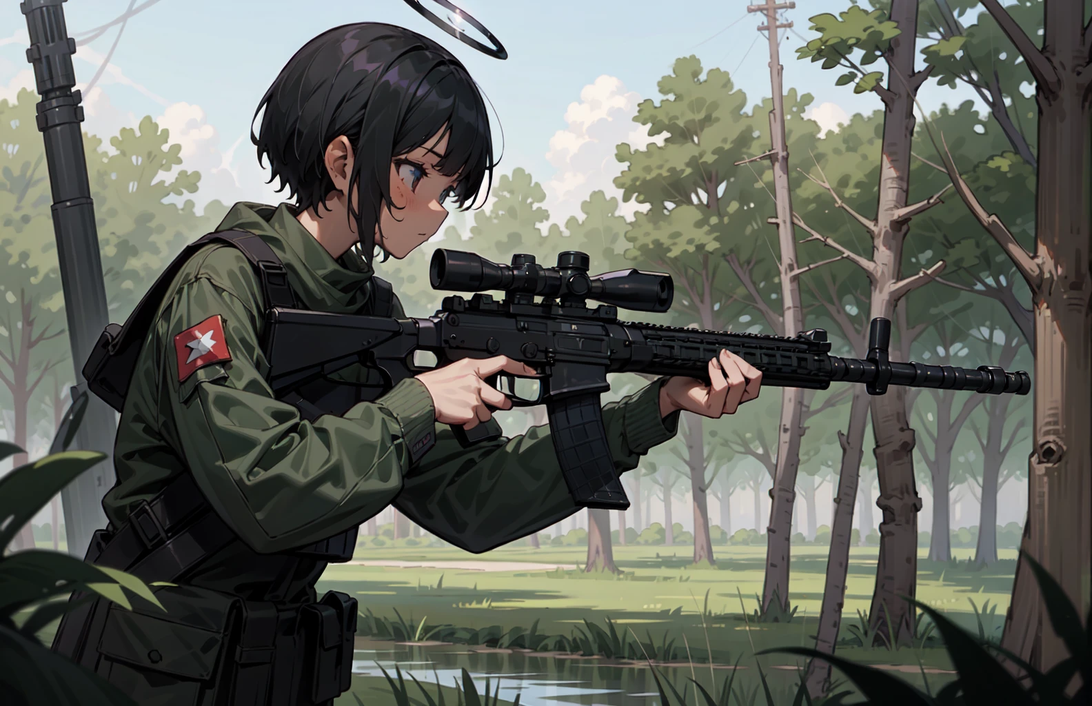 (masterpiece, best quality),1girl, solo, forest background, outdoors, street wear clothing, short hair, night sky, cloud, black short hair , tanned skin, tanned face, wing, flying, glowing halo, depth of field, cinematic, looking at camera,(holding, holding_gun:1.0), from side, (assault rifle, gun, machine gun, rifle, weapon:1.2), (trigger_discipline:1.2), (aiming:1.3) <lora:9k GUN:0.3>