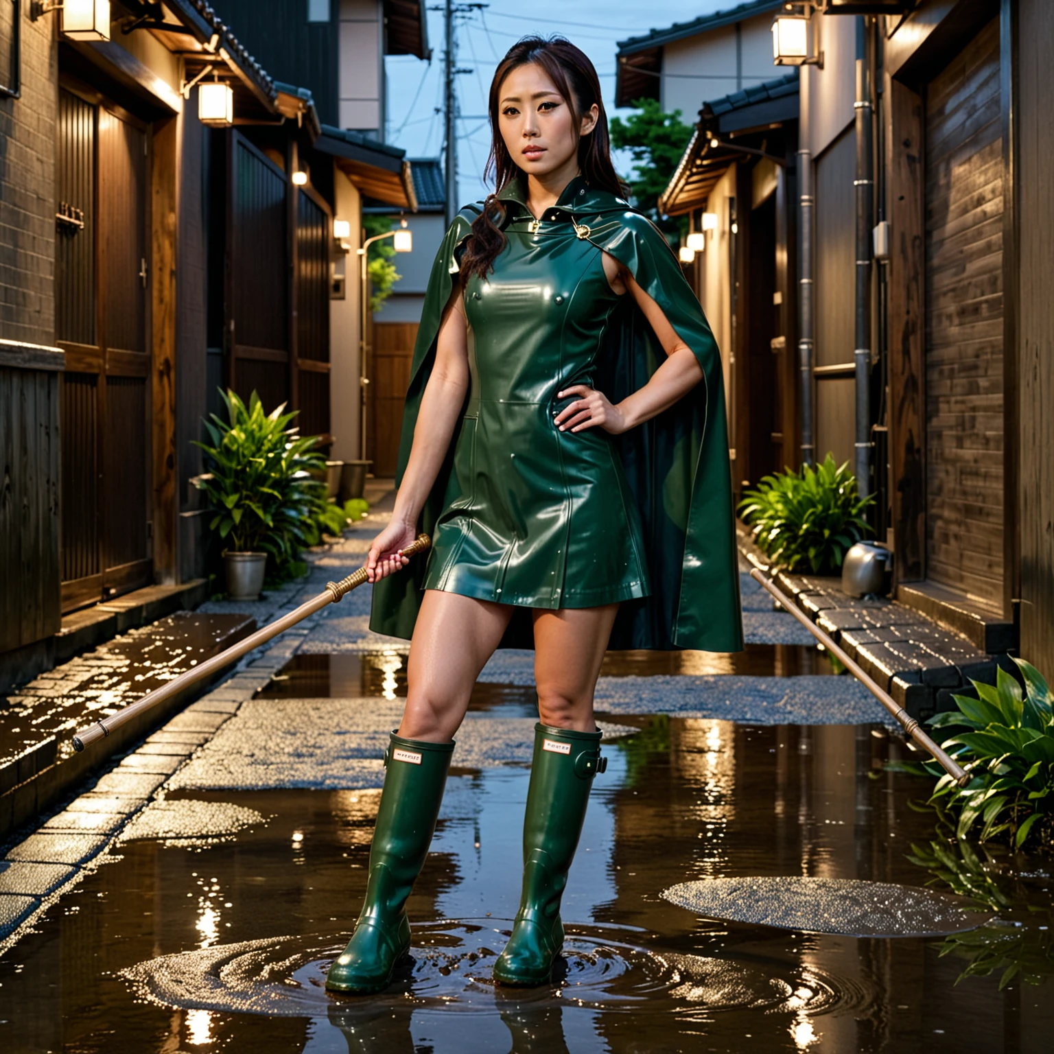 1girl, beautiful 30 year old japanese woman, muscular, wearing green hunter rubber boots, knee boots, tight leather outfit, cape, jewelry, hairpiece, dangerous, standing, holding wooden staff with two hands, dark alley, japan, puddles, twilight, full shot, full body, movie still, photorealism, sharp, depth of field