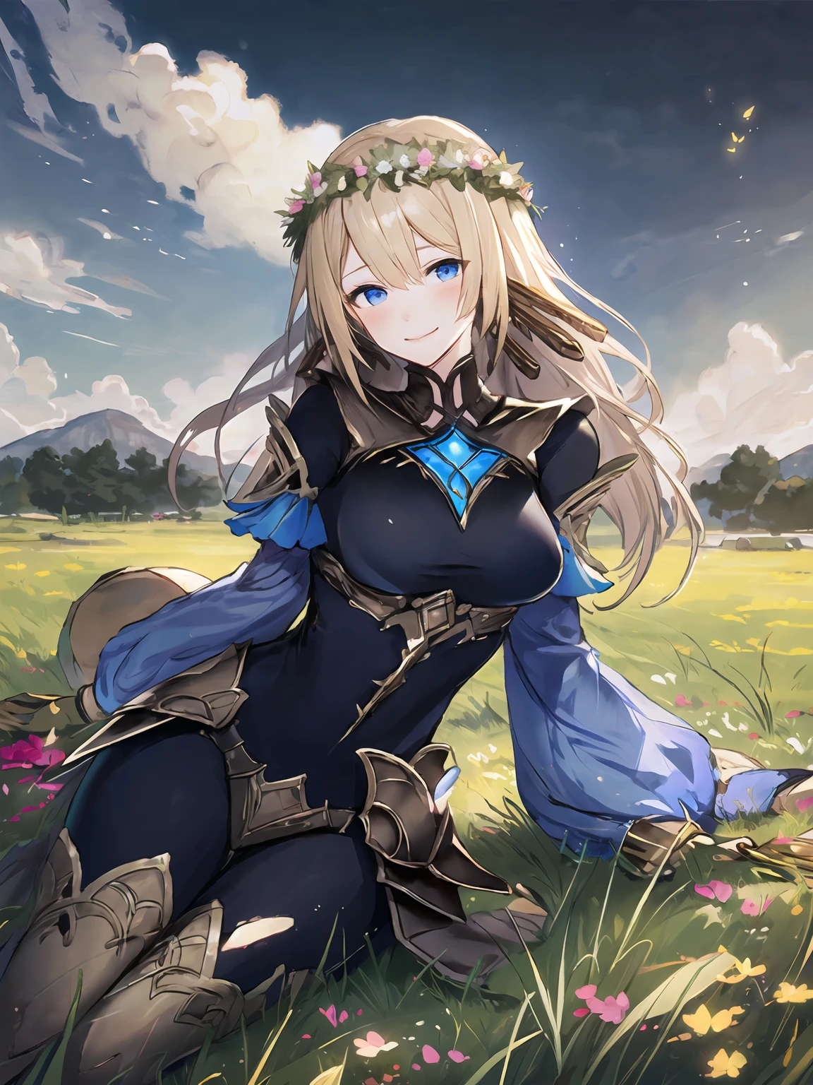 masterpiece,best quality,highres,cinematic lighting,dramatic angle,1girl,<lora:ShadowverseTetraV3-000021:0.8>,blonde hair,blue eyes,hair ornament,turtleneck,gold trim,armor,black bodysuit,detached sleeves,gloves,looking at viewer,smile,head tilt,blush,sitting on ground,in wild,grass,blue sky,white clouds,depth of field,butterfly,flowers,hair flowers,(flower wreath:1.1),from random point of view