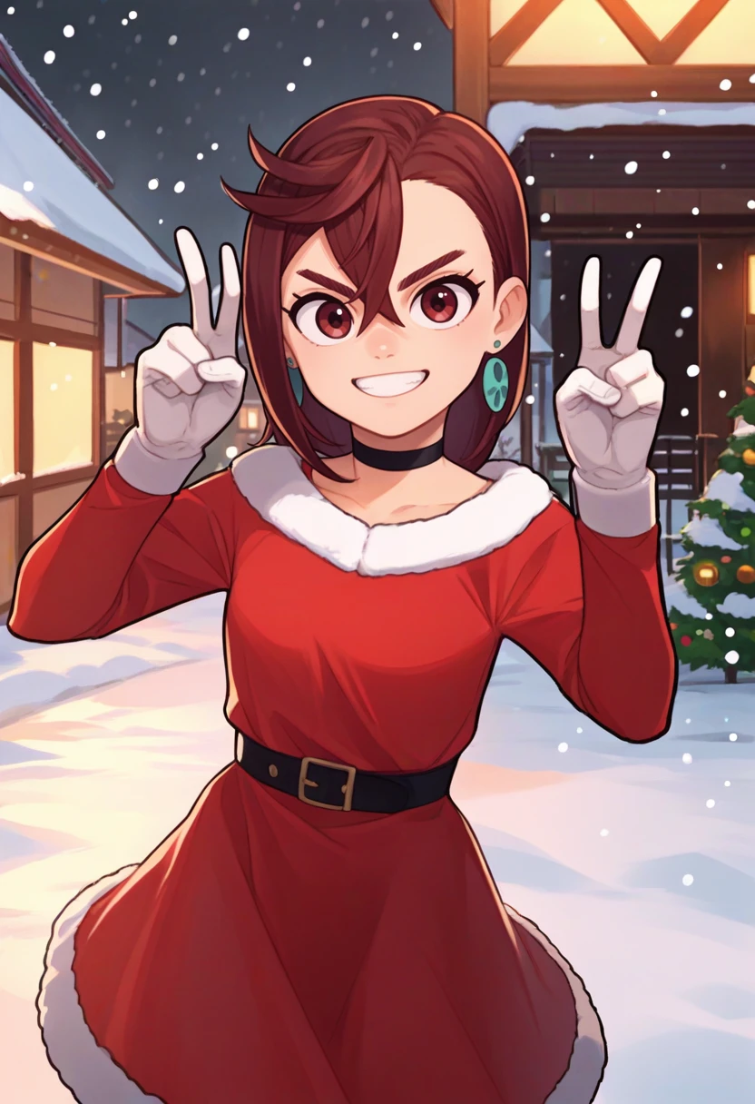 score_9, score_8_up, score_7_up, source_anime, solo, 1girl, ayase momo, grin, looking at viewer, double v, christmas, red dress, fur-trimmed dress, long sleeves, white gloves, earrings, black choker, snowing, outdoors <lora:dandadan_ayase_ponyXL:1>