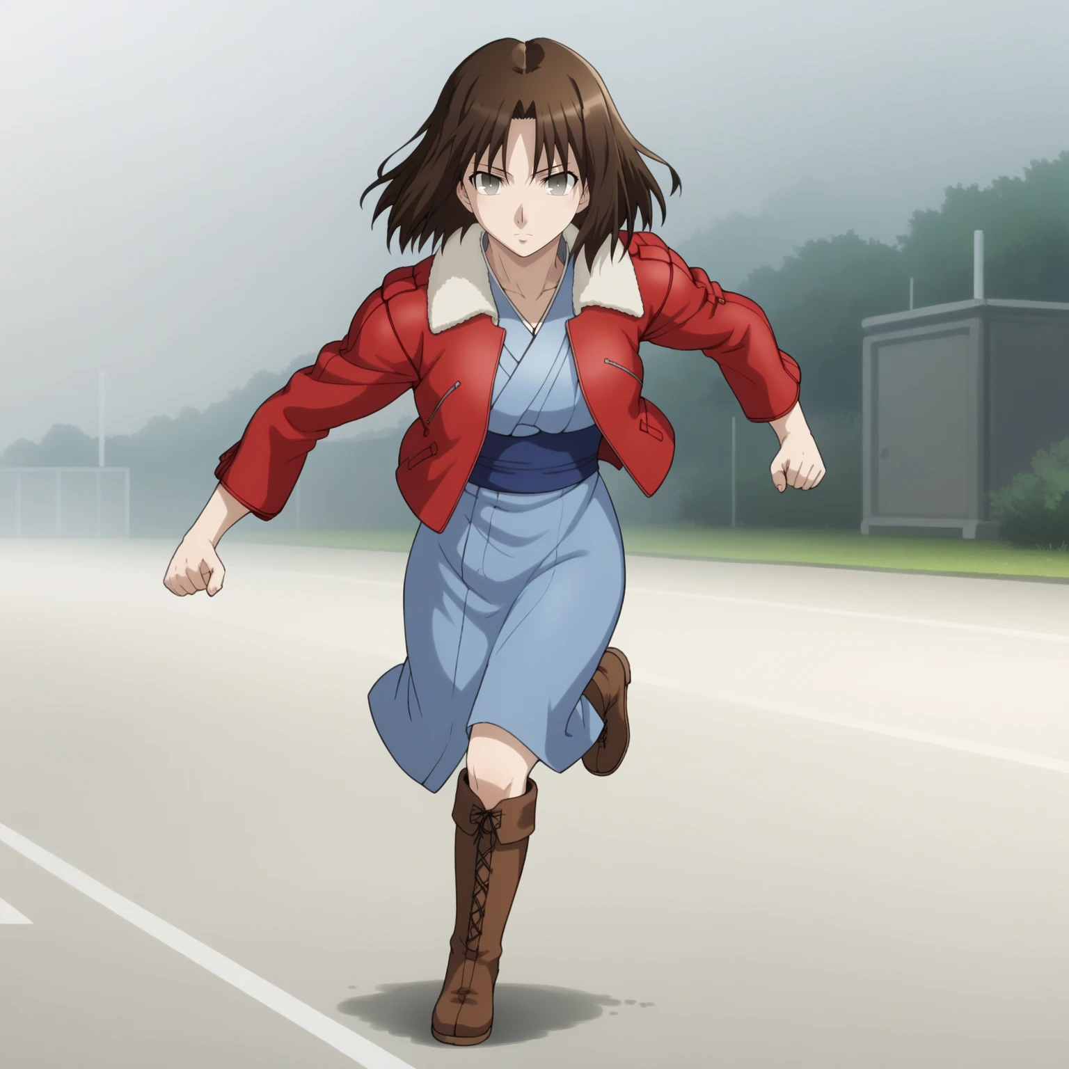 <lora:ShikiRyougiXLpony002>,looking at viewer,
solo,
ShikiRyougi,1girl,brown hair,medium hair,grey eyes,
blue kimono,with fur collar,red leather jacket,
long kimono,brown boots,
full body,running,