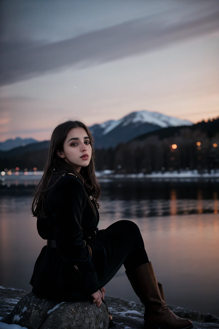 tv_Ada_MXAI , ,  , sad expression, wearing a winter coat, wearing winter pants, wearing winter boots, sitting on a rock by a frozen mountain lake, midnight, moonlight, shot from the side,, 8k resolution, highres, high detail, sharp focus, detailed skin,  8k uhd, bokeh, analog photography
