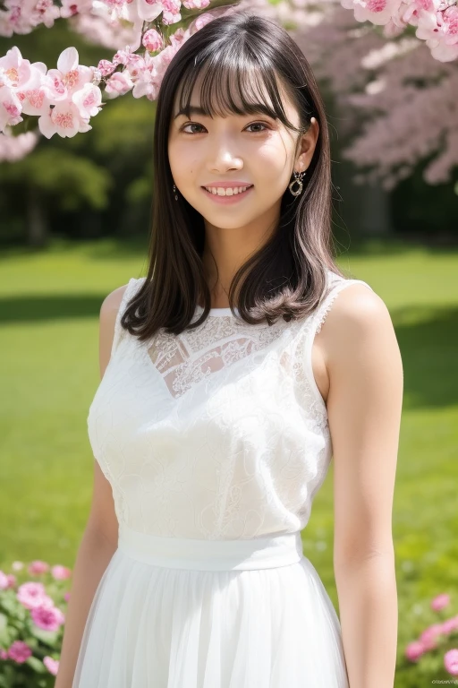 1girl,(RAW photo, best quality), (realistic, photo-realistic:1.4), masterpiece, an extremely delicate and beautiful, extremely detailed, 2k wallpaper, Amazing, finely detail, extremely detailed CG unity 8k wallpaper, ultra-detailed, highres, soft light, beautiful detailed girl, extremely detailed eyes and face, beautiful detailed nose, beautiful detailed eyes,cinematic lighting,perfect anatomy,
wearing a white peplum dress,white skirt(bokeh:1.2)
at a flower park,sakura flowers,flower garden,
 <lora:yanohinakiV3_lora:0.8>,smile