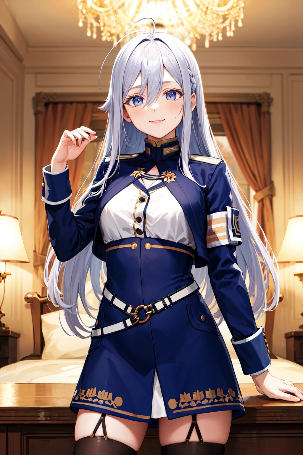 masterpiece, best quality, highres, aalena, long hair, antenna hair, hair between eyes, medium breasts, military uniform, white shirt, blue jacket, armband, long sleeves, white belt, blue skirt, garter straps, white thighhighs, <lora:vladilena_millize_v1:0.7>, standing, cowboy shot, indoors, smile, chandelier,