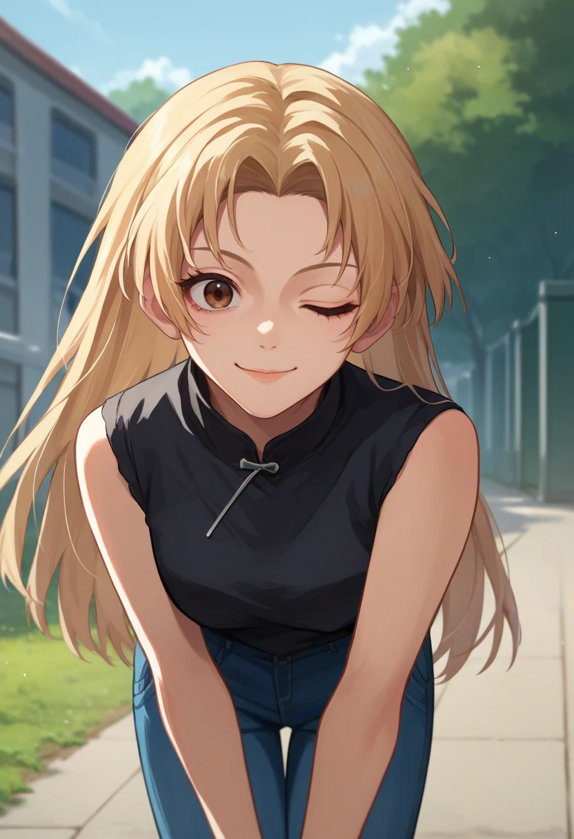 score_9, score_8_up, score_7_up, source_anime, solo, 1girl, tsukumo yuki, smile, looking at viewer, leaning forward, brown eyes, one eye closed, black shirt, sleeveless, jeans, outdoors <lora:jjk_tsukumo_ponyXL:1>