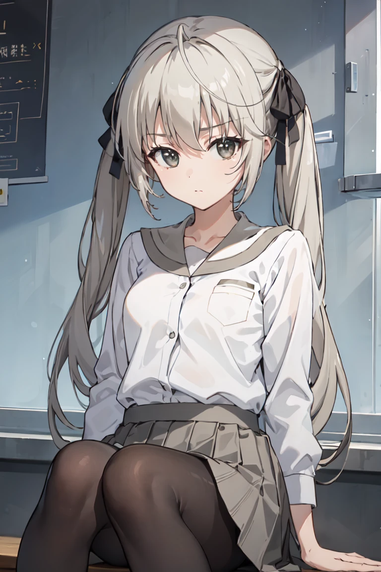 masterpiece, best quality, ultra-detailed, glistening shiny, glowing light, ray tracing, HDR, deph of field, (perfect face, detailed face),  <lora:KasuganoSora:0.8>, kasuganosora, long hair, black hair ribbon, twintails, school uniform, white shirt, grey skirt, black pantyhose