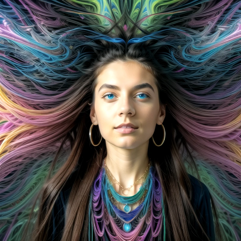 (21yo woman, face, blue eyes, detailed eyes, long hair, sexy face, black hair:1.02), fractal object, fractal style, fractal world, YhnrFractal1, (cinematic lighting:0.6), vivid colors, colorful, abstract art, chaos, perspective, at an angle, dutch angle, (masterpiece, best quality:0.95), real, photo, (big necklace:1.1), 8k, sharp focus