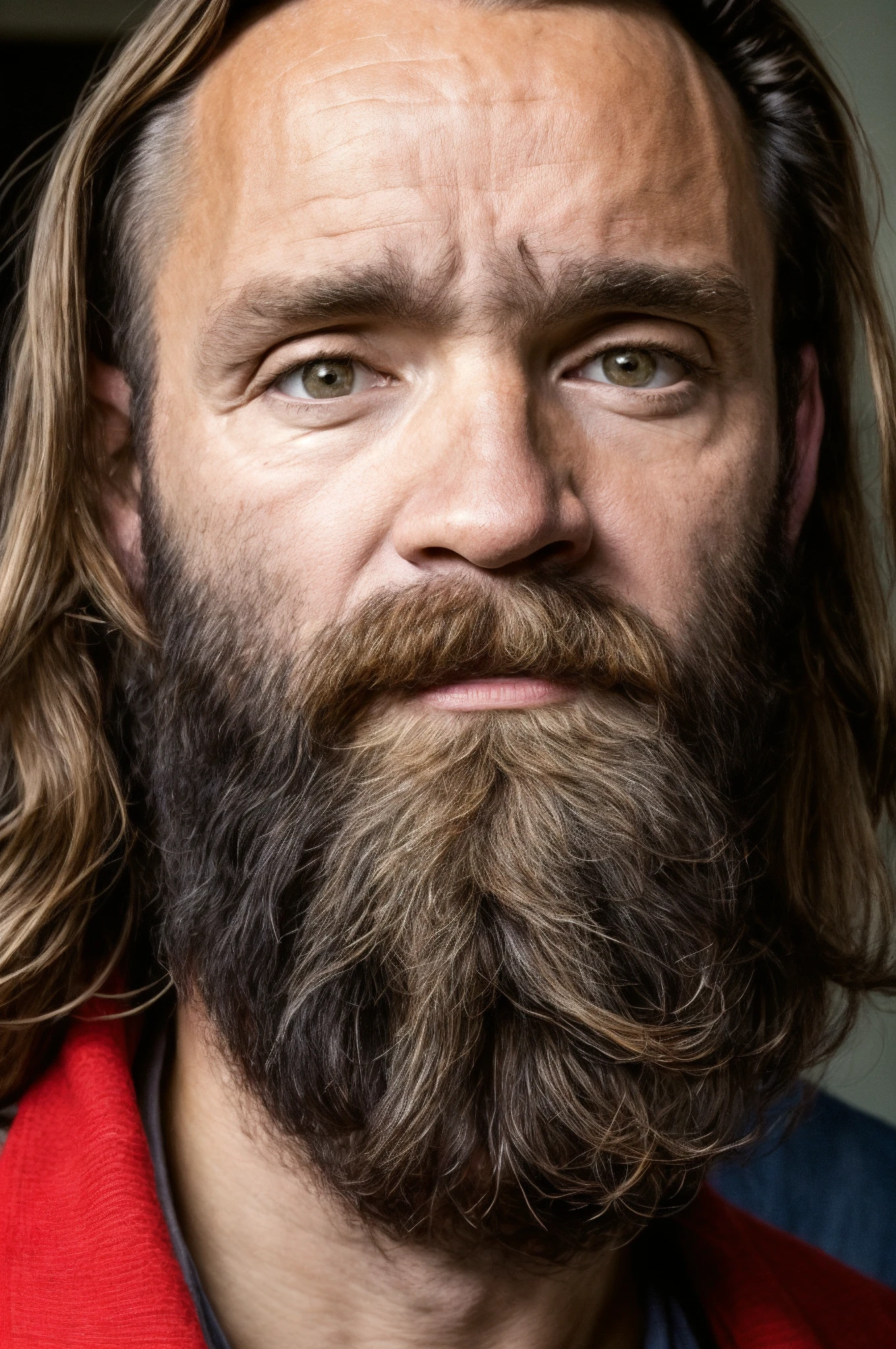 Charles, beard, perfecteyes, looking at viewer, long hair, crazy eyes, portrait, face shot, detailed skin, detailed pores, 35-year-old man, 