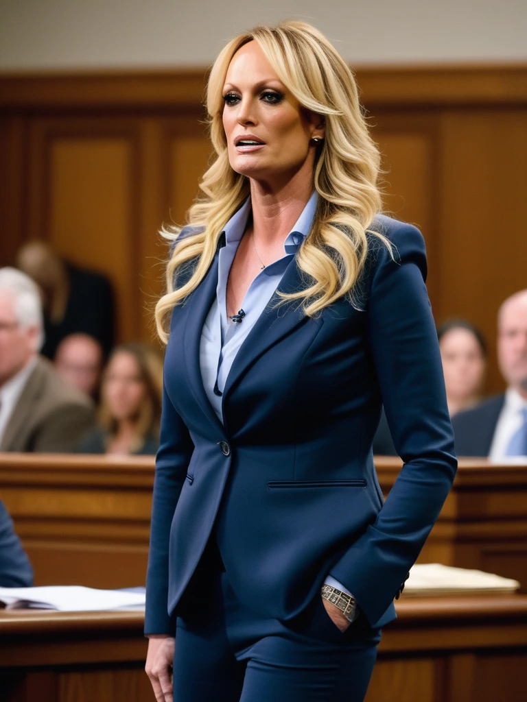 stormydanielsxl wearing a business suit, blouse, in a courtroom