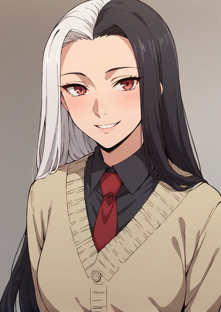 score_9, score_8_up, score_7_up, 1girl, Sofia Healey, two-tone hair, split-color hair, black hair, white hair, red eyes, looking at viewer, smile, school uniform, sweater, black shirt, red necktie, arms behind back,