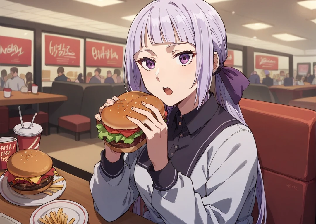 score_9, score_8_up, score_7_up, 1girl, Philomela, purple hair, blunt bangs, purple eyes, long hair, low twintails, hair ribbon, sitting, fast food restaurant, eating a burger, open mouth, holding burger, looking at viewer, solo,