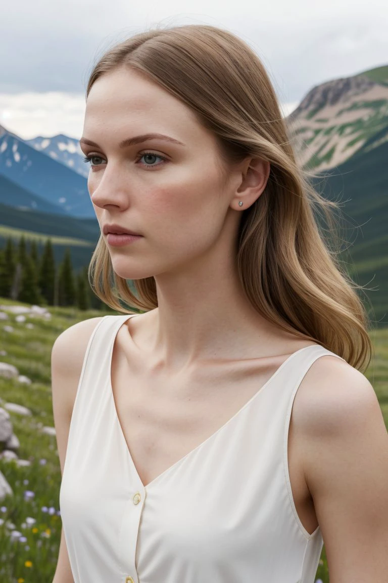 European woman, closeup, (shirt), pants, (rocky mountain national park), pearl necklace , ZM_meryem, wide shoulders, perfect face, (contact iris: 1.1), pale skin, skin pores , depth of field