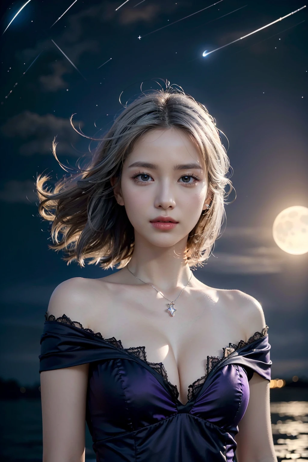 ((RAW photo:1.2)), ((masterpiece:1.2, best quality)), highres, 8k, (real art, realistic, photo-realistic:1.4), naturalness, ultra detailed, physically-based rendering, beauty, detailed beautiful eyes and detailed face, (best shadow), (exquisitely detailed real skin texture, Detailed shiny skin), (normal physical expression, perfect anatomy:1.7), (cinematic lighting), Moist lips,
BREAK
1 girl, high detailed hair, high detailed eyes, high detailed texture, high detailed material,best illumination, best Contrast Ratio, best Chroma, best color Value, primary color, best hue Value, best lightness, best saturation, raytracing, light tracking, realistic light, realistic shadows, looking at viewer, Corruption, Darkness, ((gothic style)), (((Brightly shining purple eyes:1.2))), (((random angle))), ((updo hair)), (((night time))),(((midnight))), shining emerald necklace, ((shining_silver hair:1.5)), (1/3 sec), cleavage, ((moon light)), (((floating in the night sky:1.5))), (smile with one's eyes:1.2), (((diffuse reflection))), (((fog))), shining emerald pendant, hair brooch, ((Green aurora covers the night sky)), ((Backless dress with beautiful space stock)), Water surface reflecting moonlight,