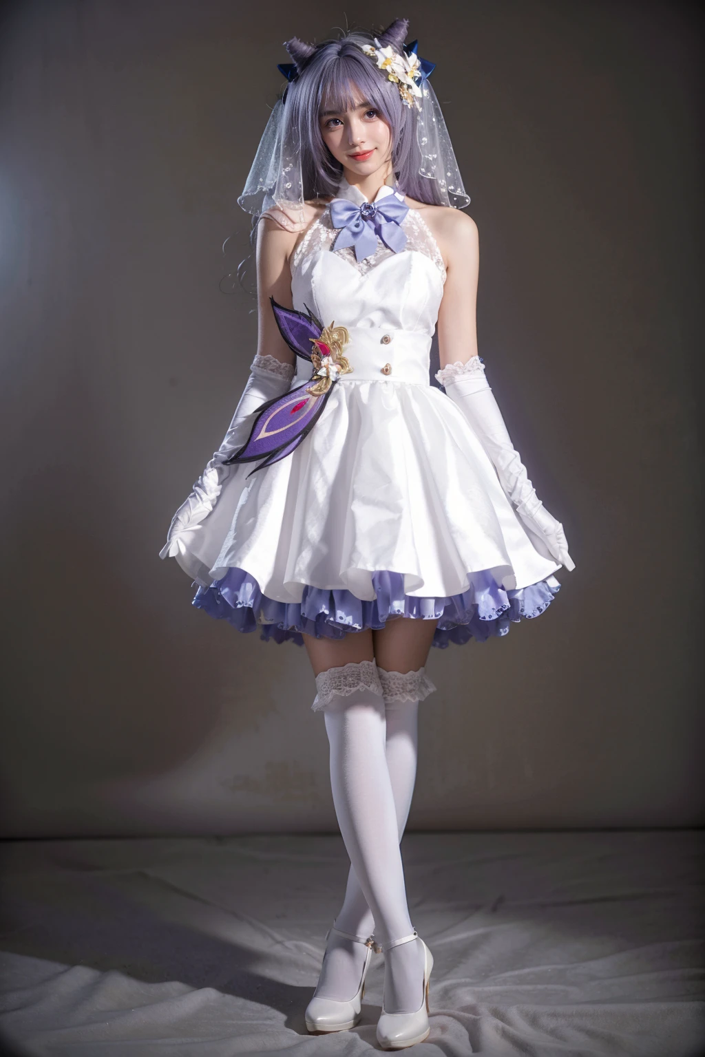 best quality, masterpiece, realistic, photorealistic, 1girl, solo, looking at viewer, smile, standing, full body, arms at side, keqing cosplay costume, keqing, cosplay, alternate costume, purple hair, twintails, long hair, hair bun, cone hair bun, dress, white dress, wedding dress, sleeveless dress, frills, lace trim, gloves, white gloves, elbow gloves, bow, bowtie, veil, bridal veil, bride, hair ornament, hair flower, hair ribbon, hair bow, thighhighs, lace-trimmed legwear, frilled thighhighs, white thighhighs, high heels, grey background, <lora:Genshin_Keqing_WeddingDress_cosplay_v1:0.75>