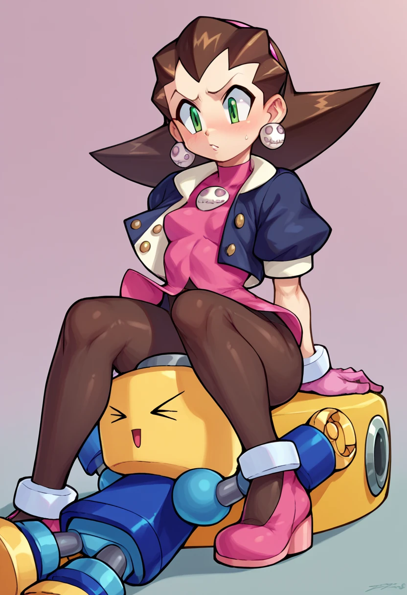 rating_explicit, score_9, score_8_up, score_7_up, score_6_up, score_5_up, score_4_up, capcom style,
<lora:TronMegamanPonybyRR:1>, Tron Bonne (Mega man), short hair, brown hair, jewelry, green eyes, black pantyhose, earrings, open clothes, open jacket, puffy short sleeves, small jacket, cropped jacket, pink shoes, hair pulled back, pink gloves, pink hairband, crotch plate, pink t-shirt,
1girl, sitting on top of person, Servbot (Mega man),