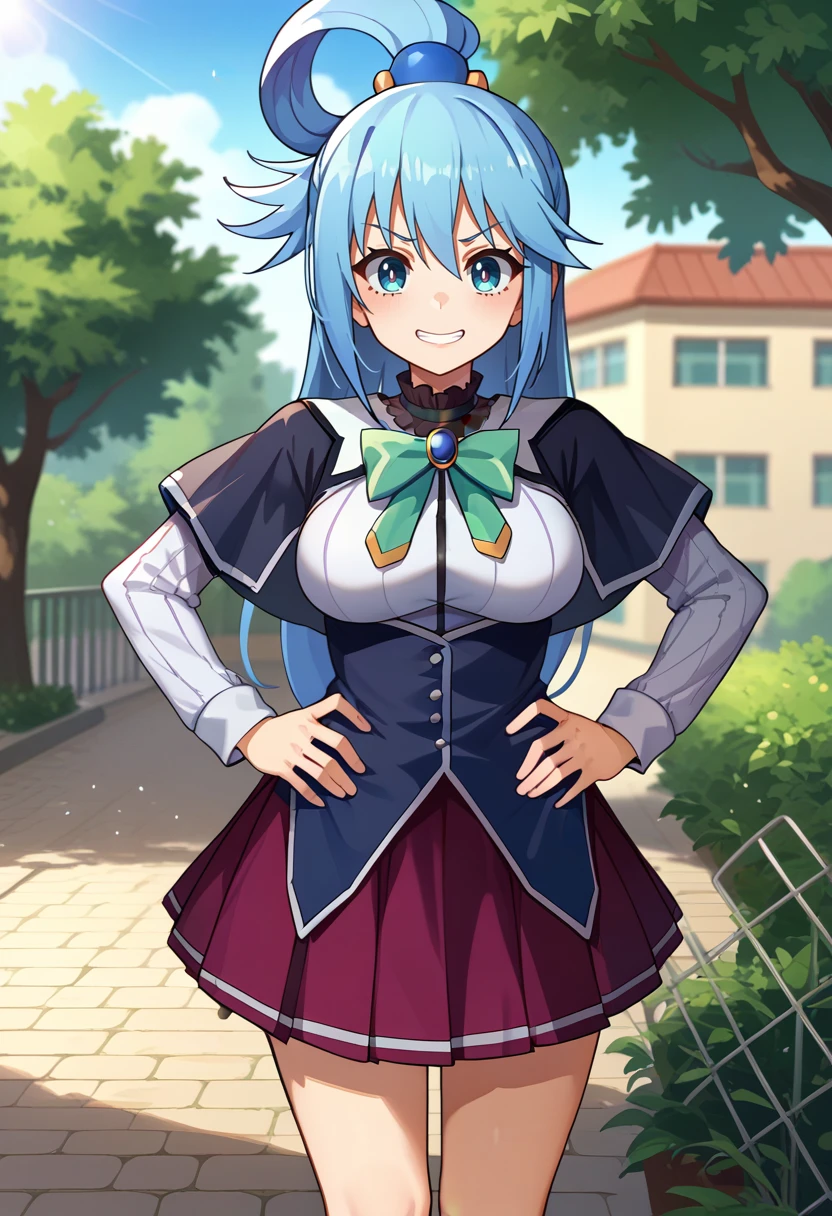 score_9, score_8_up, score_7_up, source_anime, solo, 1girl, aqua \(konosuba\), kono subarashii sekai ni shukufuku wo!, grin, looking at viewer, hands on own hips, blue hair, hair rings, blue eyes, kuohacademy, school uniform, black capelet, white shirt, black ribbon, neck ribbon, long sleeves, corset, red skirt, pleated skirt, outdoors <lora:attire_kuohacademy_ponyXL:1>