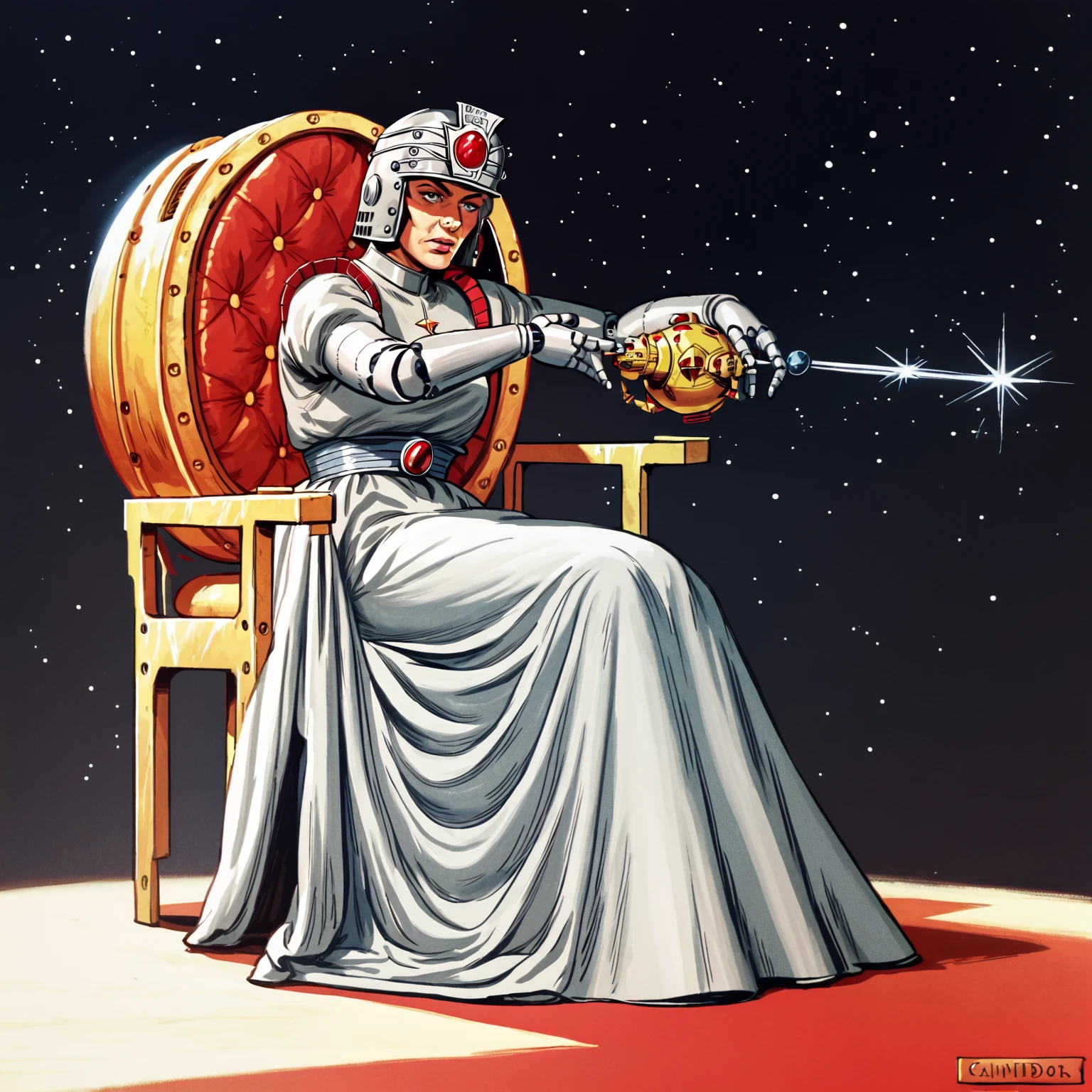 score_9, score_8_up, score_7_up, score_6_up, score_5_up, score_4_up, source_cartoon, BREAK, a seductive space princess sits on a throne on a space station, lioncom, retro artstyle, helmet, military, 1girl, silver dress, helmet, robots, doomsday weapon,