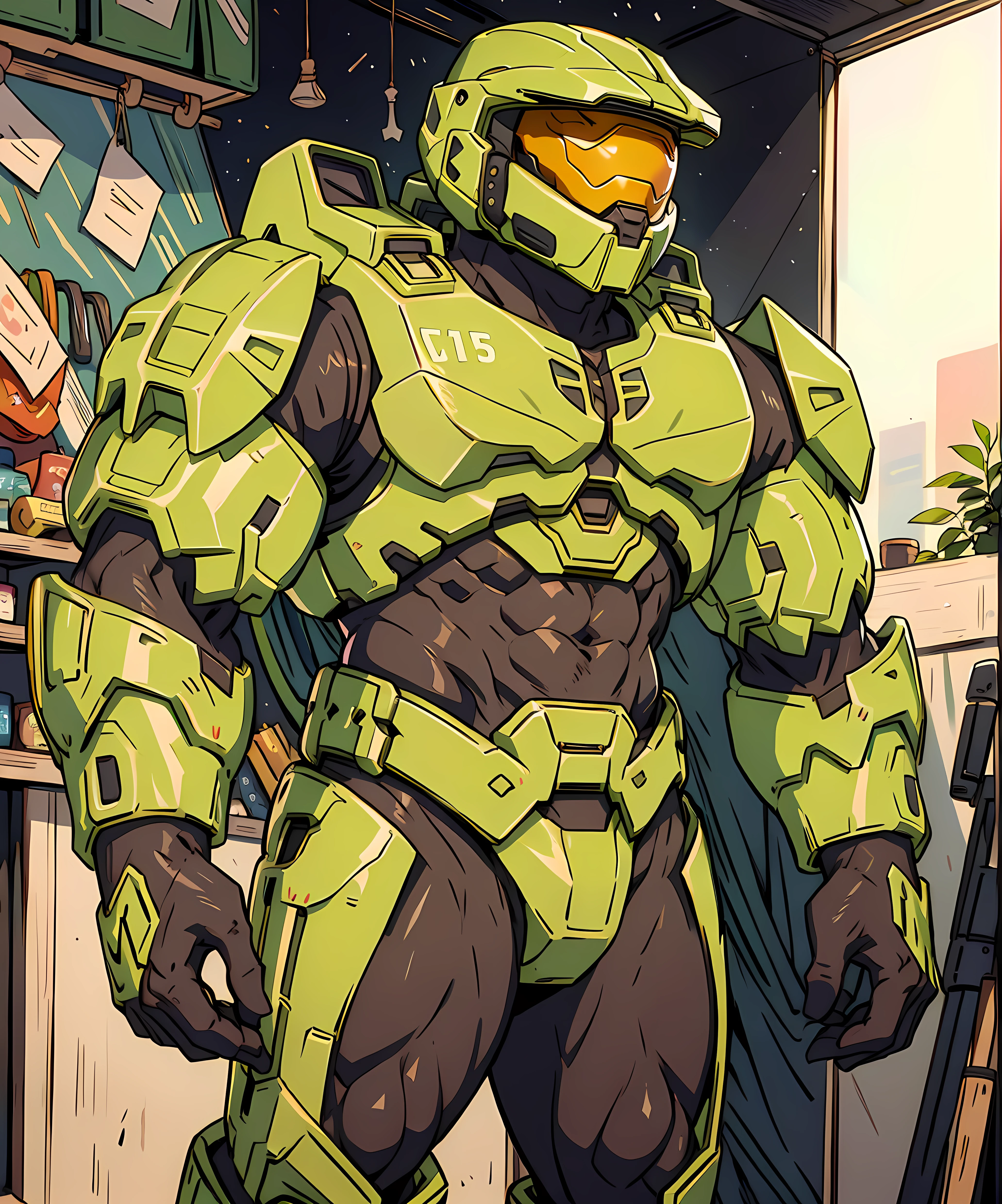 1boy, master_chief, standing, armor, muscular, helmet, wardrobe <lora:Master_Chief-10:0.8>