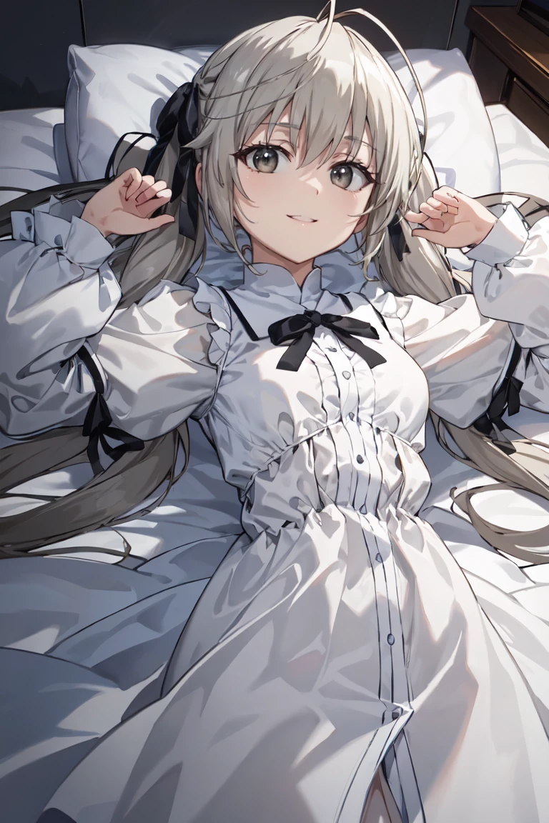 masterpiece, best quality, ultra-detailed, glistening shiny, glowing light, ray tracing, HDR, deph of field, (perfect face, detailed face),  <lora:KasuganoSora:0.7>, kasuganosora, long hair, black hair ribbon, twintails, smile, small breasts, white dress, puffy sleeves, long sleeves, lying, on back,