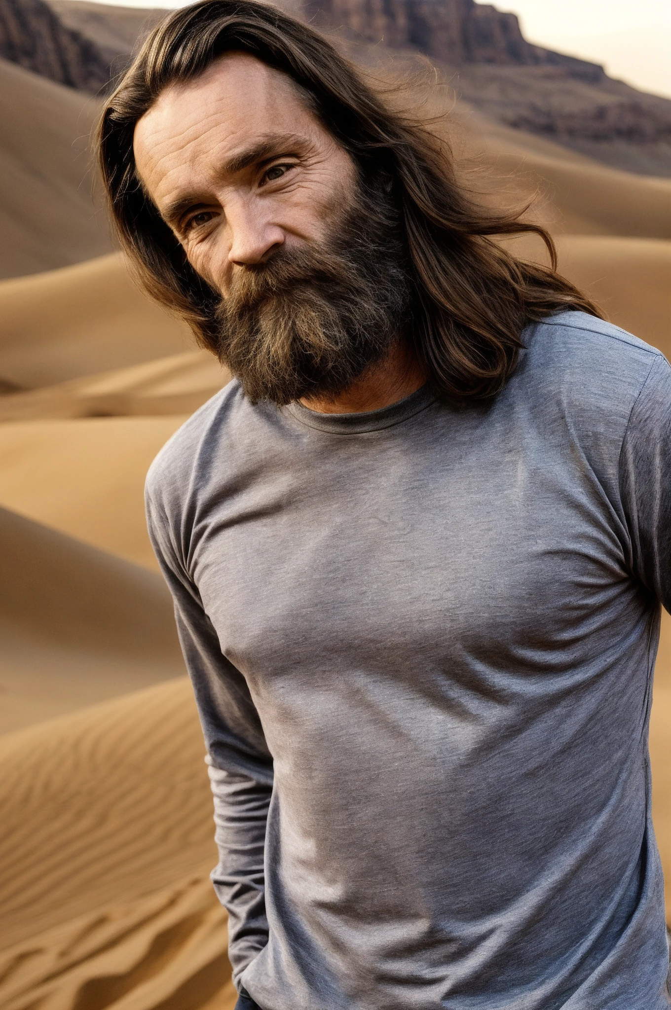 Charles, beard, perfecteyes, looking at viewer, long hair, crazy eyes, full body shot, dressed as Jesus, detailed skin, detailed pores, 35-year-old man, crazy man, Desert in the background