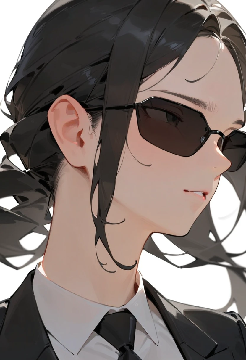 masterpiece, best quality, very aesthetic, absurdres, 
1girl, solo, black hair, long hair,
agtsg, sunglasses, dark black-tinted eyewear, 
 formal, black suit, black necktie, covered eyes, simple background, white background, looking at another, upper body, face focus, 
 <lora:sunglasses_agent_smith_SDXL_V1:1>