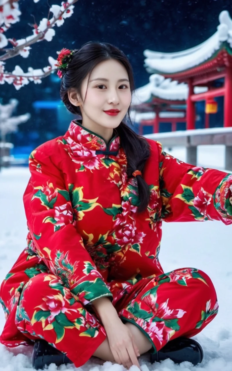 1girl,wearing a red printed cotton jacket and a pair of red printed pants,twintails,dongbeicoat,chinese dress,<lora:coat-03:0.65>,pointed patent leather high heels,flower,looking at viewer,sitting on snow outdoors,snow,snowing,night,spotlights,neon lights,light scattering,dark,ray tracing,deep shadow,(depth of field:1.2),action pose,dynamic pose,(red lipstick:1.2),happy,joy,glad,grin,slim body,long legs,sophisticated and professional lighting,wide angle,view from above,long shot,(perfect Anatomy:1.4)(ultra detailed skin, ultra detailed face,detailed eyes, detailed skin pores:1.2)8K, UHD, high definition photo(hyperdetailed:1.2)<lora:add-detail-xl:1>(best quality, masterpiece:1.2, photo realistic:1.4),highly detailed,ultra high res,8K,RAW,realistic shadow,(skin pores),detailed skin texture,film grain,natural shading,detailed background,professional light,