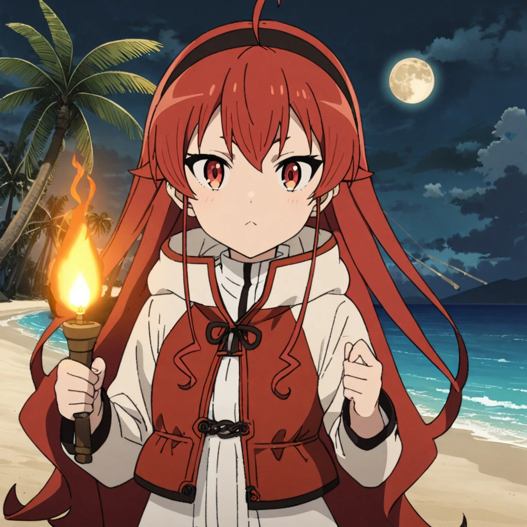 1 girl, eris, snow jacket, red hair, red eyes, black eyeliner, beach, sand, ocean, palm trees, night time, moon lighting, torch lighting, <lora:eris_greyrat-000007:0.7>