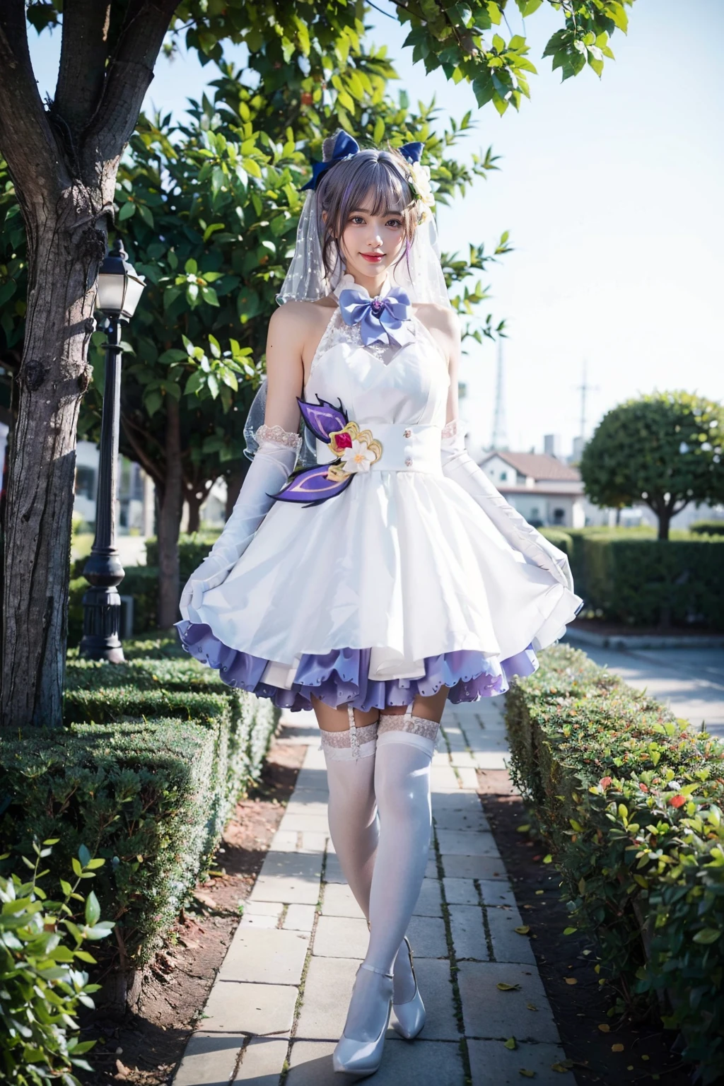 best quality, masterpiece, realistic, photorealistic, 1girl, solo, looking at viewer, smile, standing, full body, keqing cosplay costume, keqing, cosplay, alternate costume, purple hair, twintails, long hair, hair bun, cone hair bun, dress, white dress, wedding dress, sleeveless dress, frills, lace trim, gloves, white gloves, elbow gloves, bow, bowtie, flower, veil, bridal veil, bride, hair ornament, hair flower, hair ribbon, hair bow, thighhighs, lace-trimmed legwear, frilled thighhighs, white thighhighs, high heels, holding bouquet, bouquet, outdoors, garden, tree, water, detailed background, <lora:Genshin_Keqing_WeddingDress_cosplay_v1:0.75>