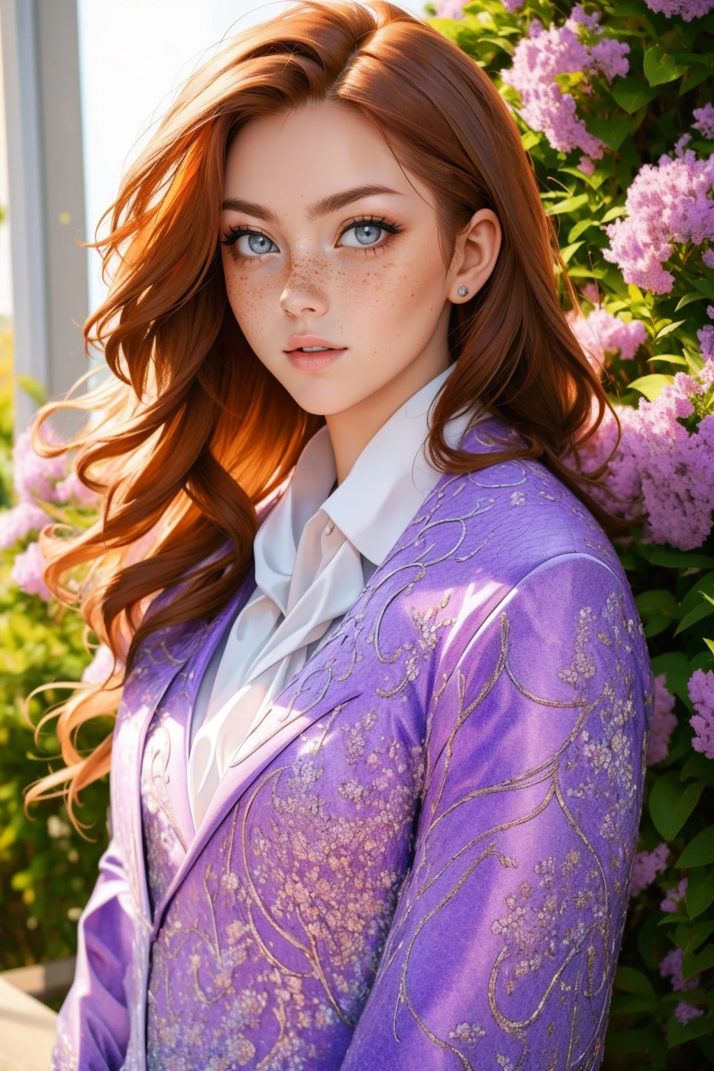 <lora:detail_slider_v4:1> <lora:Fr3ckles:0.75> Fr3ckles, ginger hair, long hair, grey eyes, freckles, 1girl,  <lora:purpsu1t:0.75> purpsu1t, purple suit, flowers,