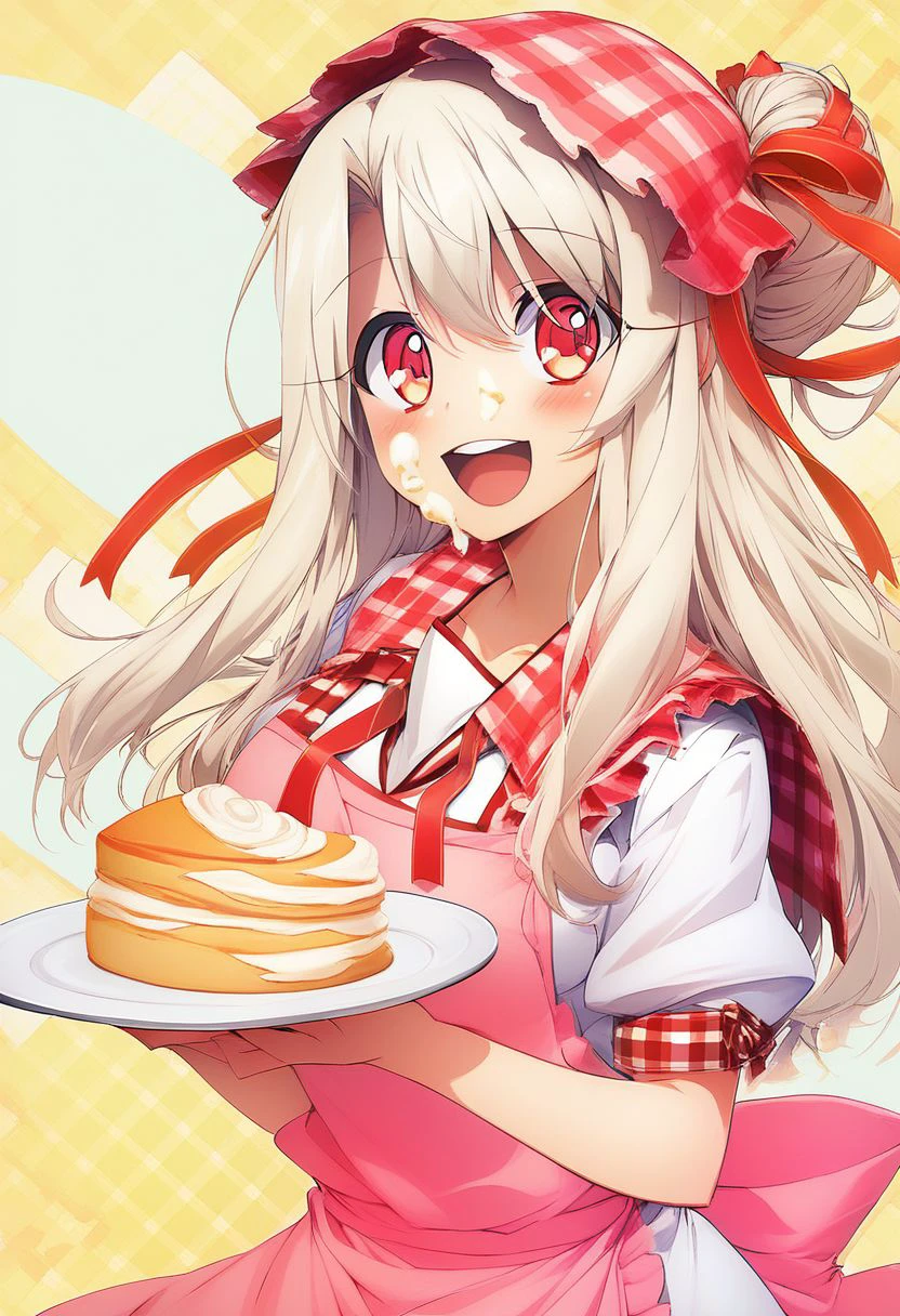 score_9, score_8_up, score_8, big breasts, cute, eyelashes,  curvy, 
1girl, :d, apron, blouse, blush, red eyes, cream, cream on face, food, food on face, hair between eyes, holding, holding plate, illyasviel von einzbern, long hair, open mouth, pink apron, plaid, plaid sailor collar, plate, red ribbon, ribbon, sailor collar, shirt, silver hair, smile, solo, upper body, white shirt