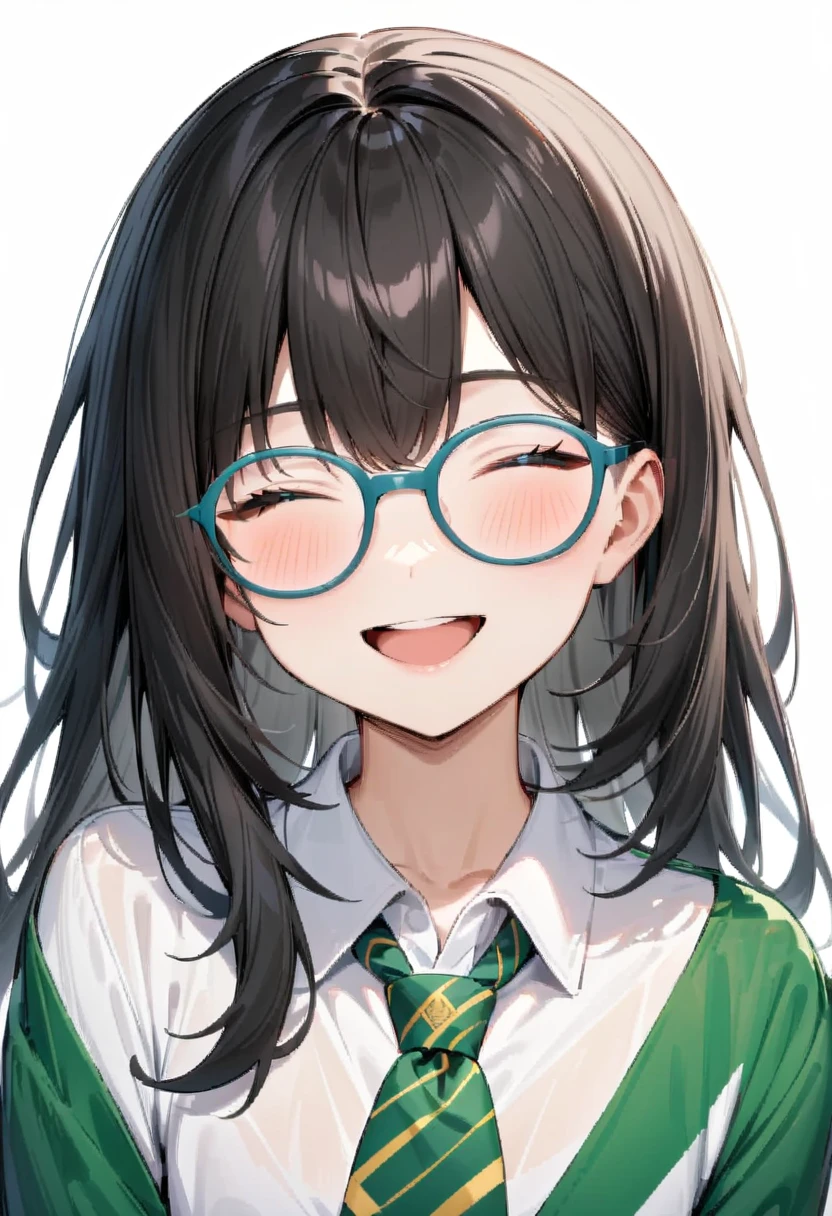 masterpiece, best quality, very aesthetic, absurdres,
1girl, solo, black hair, long hair,
g-boston19s,  glasses, aqua-framed eyewear, 
collared shirt, happy, smile, looking at another, white background, simple background,
<lora:glasses_boston_19s_SDXL_V1:1>