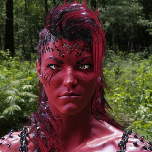 Karlach, red skin, yellow eyes, chainmail, in a fantasy forest