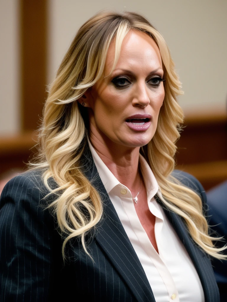 stormydanielsxl wearing a business suit, blouse, in a courtroom