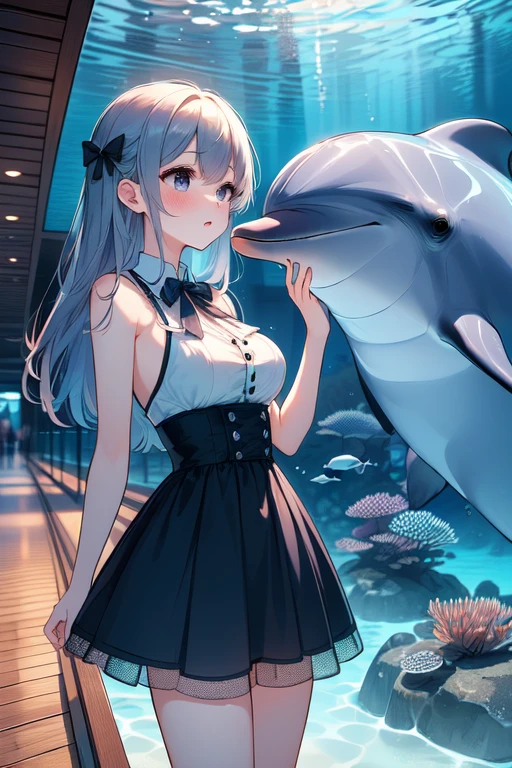 (((masterpiece, best quality, very aesthetic, absurdres))), ((public aquarium)), ((dolphin underwater)), ((look at each other)), ((glass)), dress, bow, reflection, wooden floor, solo, 1girl, ribbon, sweat, shy, blush, parted lips, pretty face, big tits, slim figure,<lora:girllikedolphinunderwater:0.9>