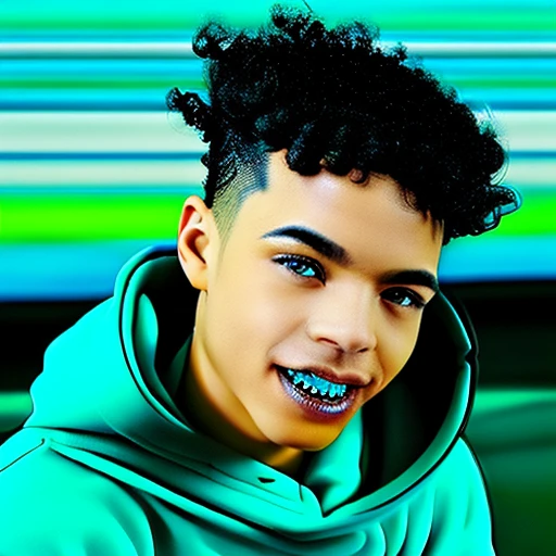 Male, Face closeup, headshot, cropped photo, light brown eyes, full lips, pink lips, turquoise abstract scene,  blurred background, black hair, curly hair, curly moptop hairstyle, smile, turquoise hoodie, black eyebrows, 